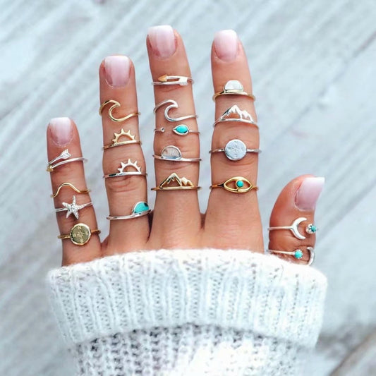 19PCS Boho Turquoise Knuckle Stacking Rings for Women Vintage Stackable Star Moon Wave Peak Sea Rhinestone Joint Midi Finger Rings Set